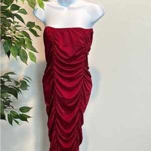 Lavish Red and White Asymmetrical Ruched Strapless Dress